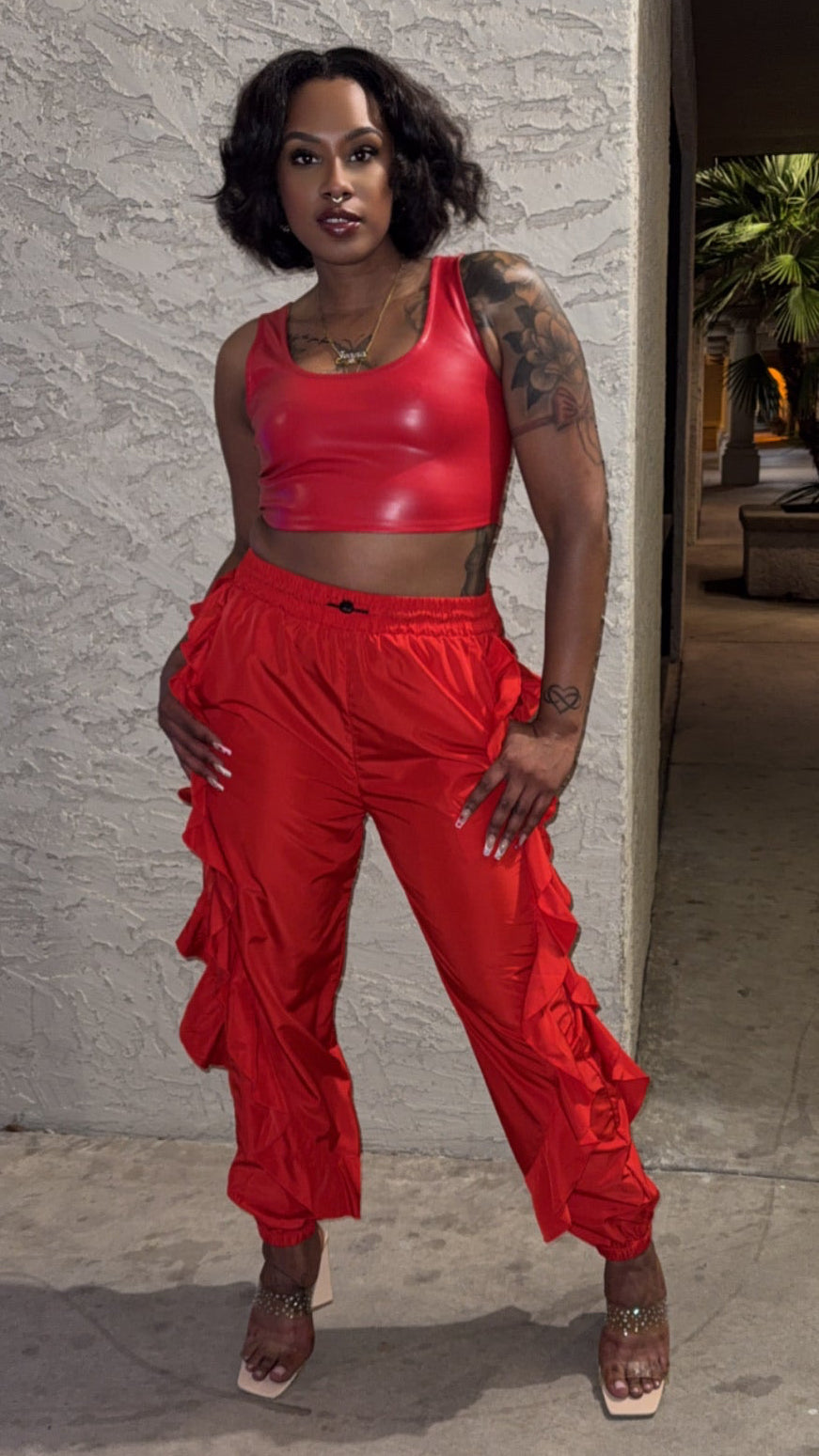 DRAWSTRING WAIST RUFFLE SIDE CARGO PANTS