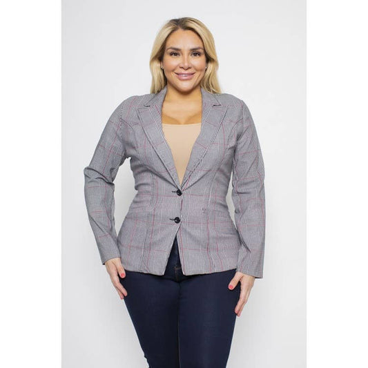 PLUS SIZE GLEN PLAID COLLARED BUTTON FRONT BLAZER