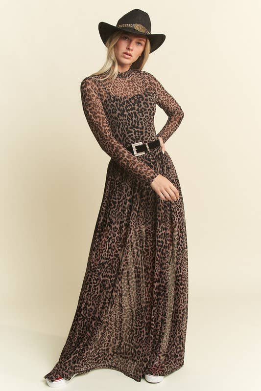 PLUS SIZE LONG SLEEVE MOCK NECK ANIMAL PRINT MESH MAXI DRESS