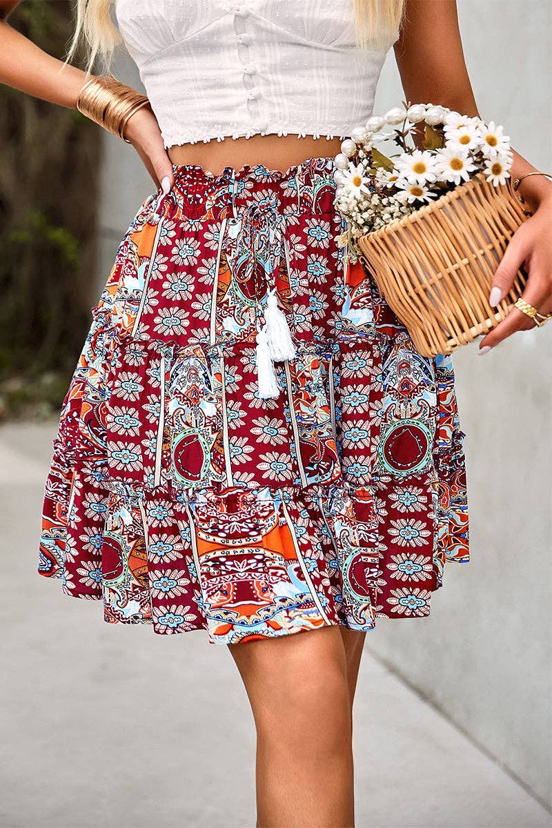 High Waist Drawstring Print Short Skirt