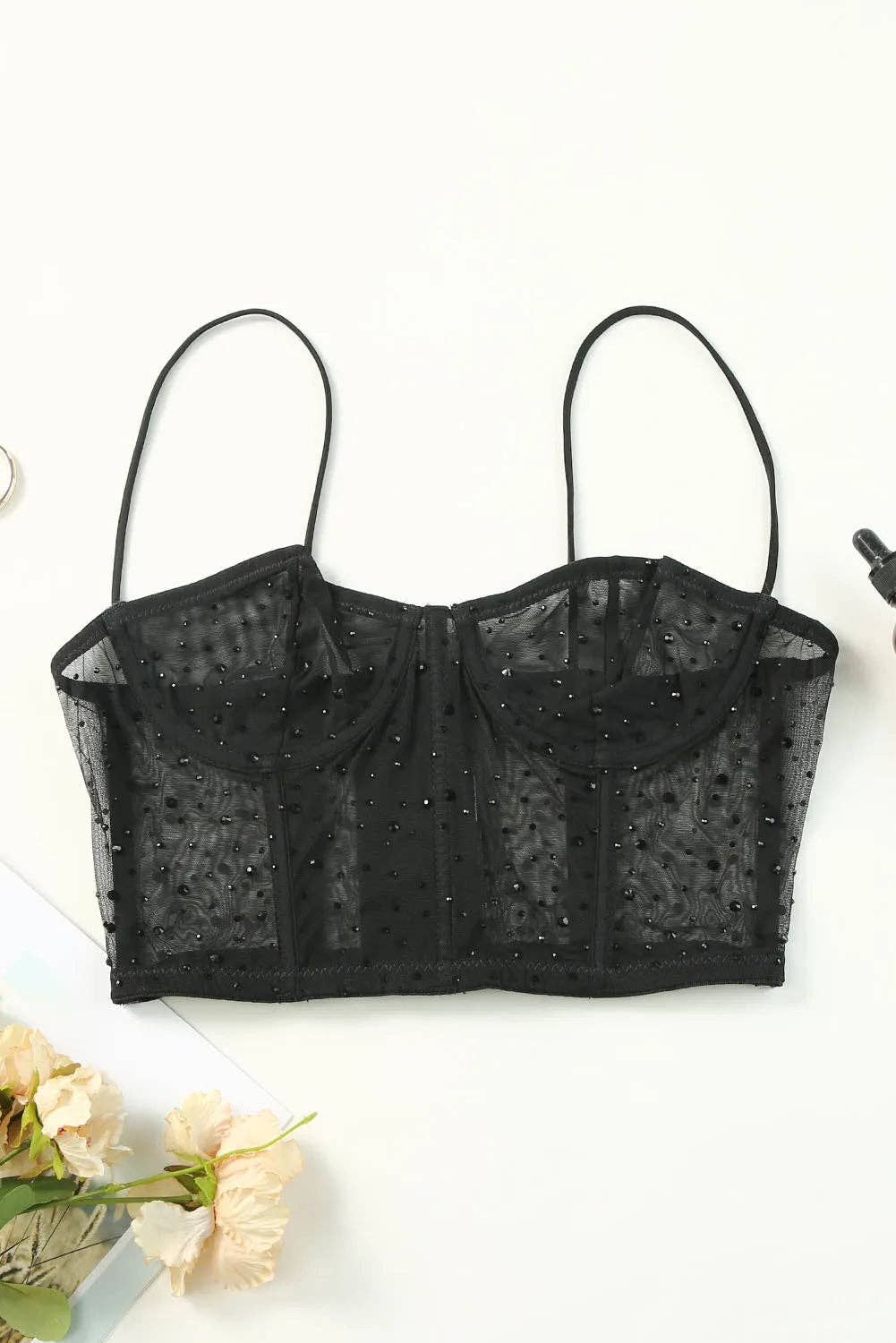 Black Studded Mesh Elastic Straps Bustier Crop Top