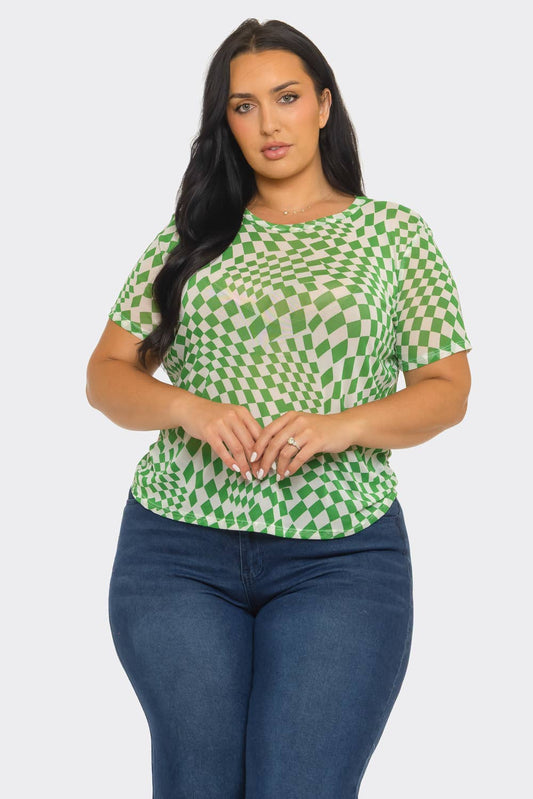 Plus Size Mesh See Through Checker Print Top
