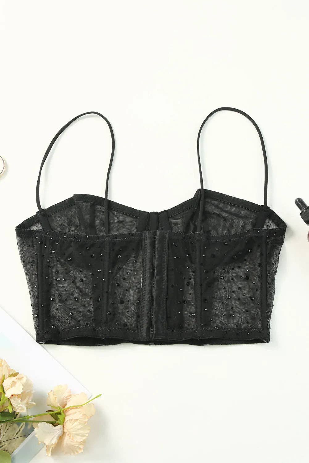 Black Studded Mesh Elastic Straps Bustier Crop Top