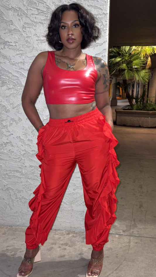 DRAWSTRING WAIST RUFFLE SIDE CARGO PANTS
