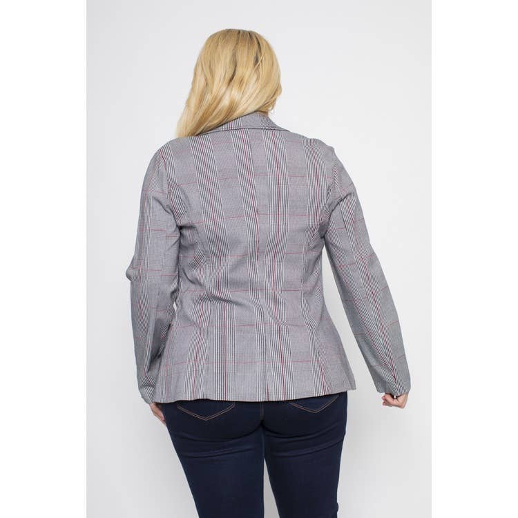 PLUS SIZE GLEN PLAID COLLARED BUTTON FRONT BLAZER