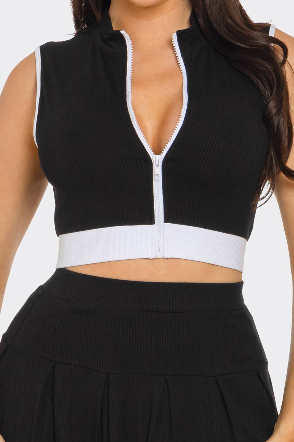 Front Zipper Crop Top And Pleated Mini Skirt Set