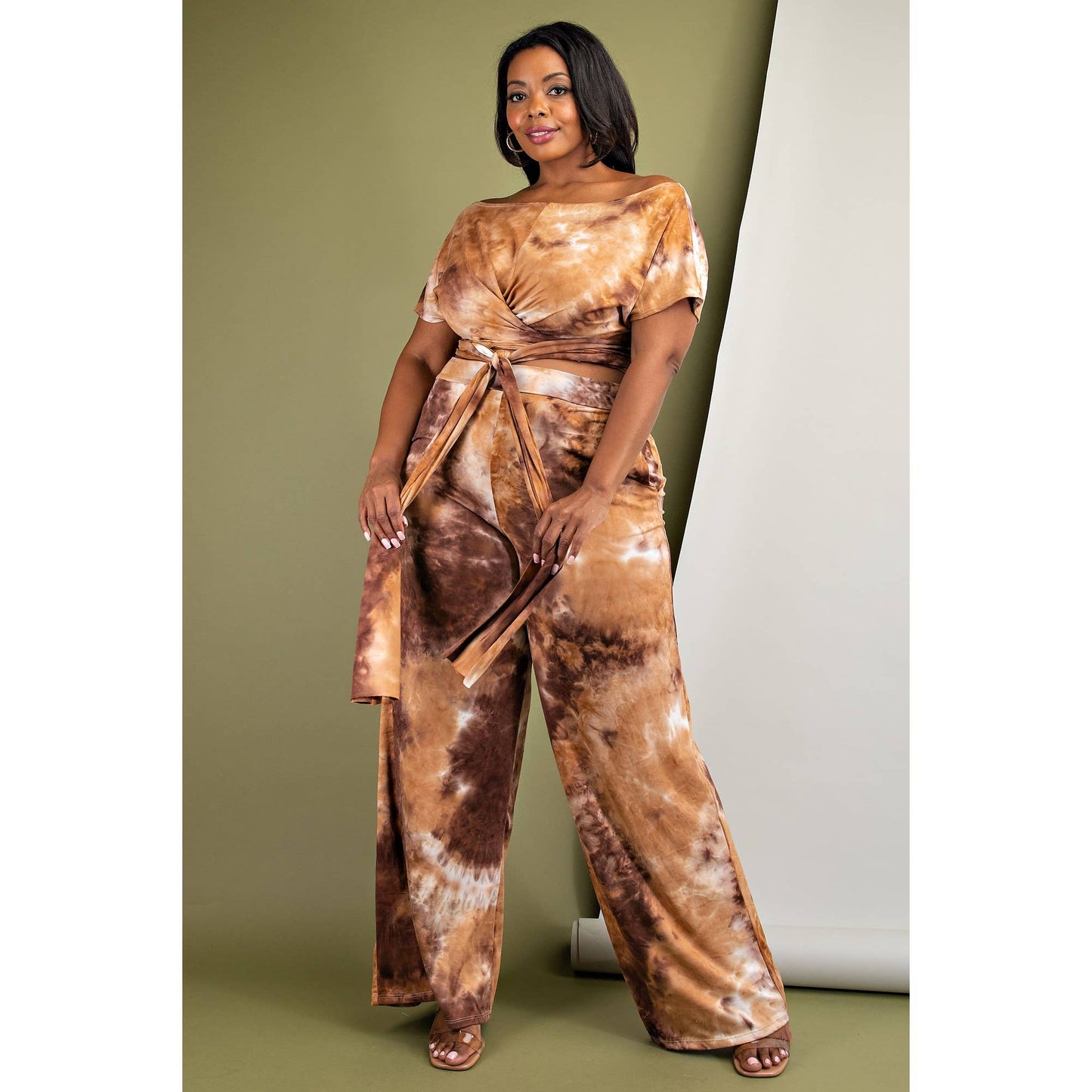 PLUS OFF SHOULDER WRAP AROUND TOP AND PANTS SET