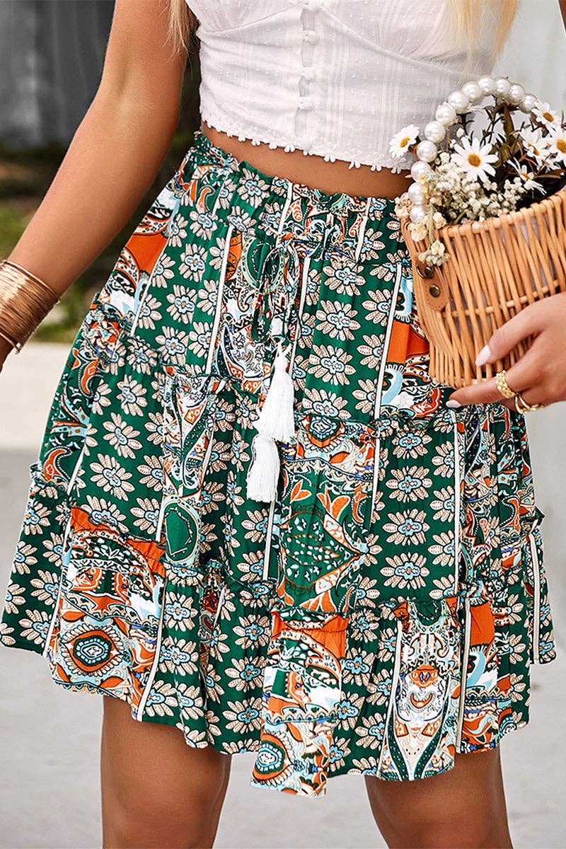 High Waist Drawstring Print Short Skirt