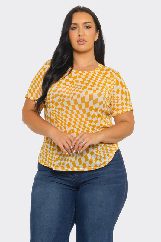 Plus Size Mesh See Through Checker Print Top