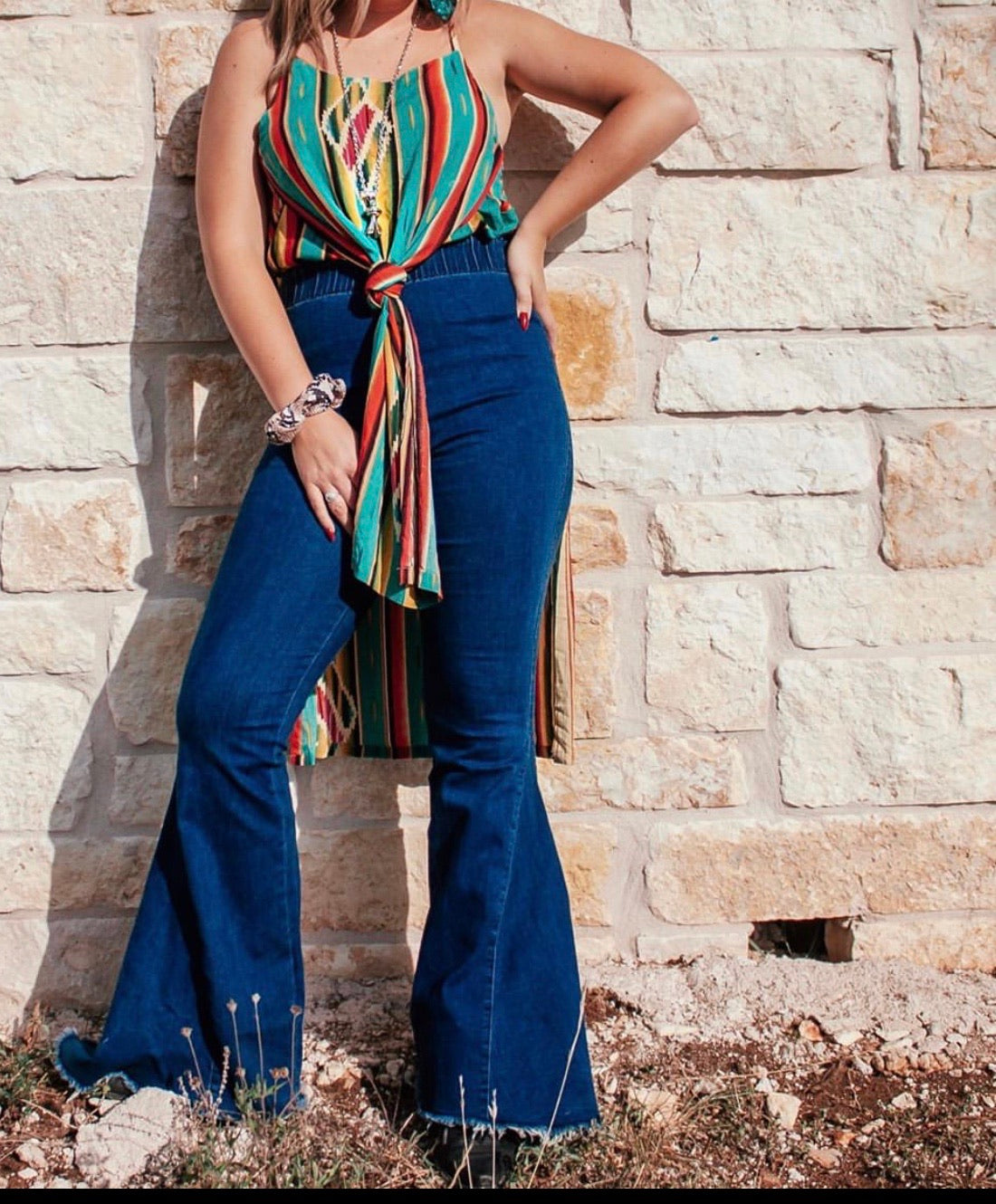 No button Waist band bell bottoms jeans