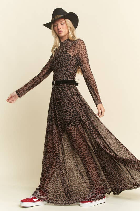 PLUS SIZE LONG SLEEVE MOCK NECK ANIMAL PRINT MESH MAXI DRESS