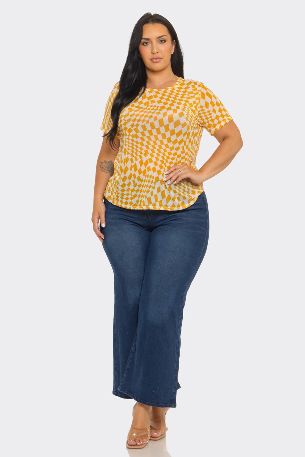 Plus Size Mesh See Through Checker Print Top