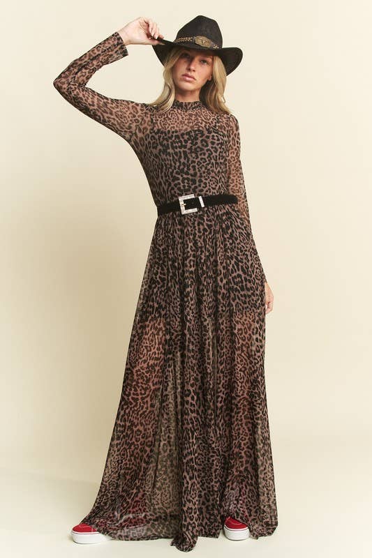 PLUS SIZE LONG SLEEVE MOCK NECK ANIMAL PRINT MESH MAXI DRESS