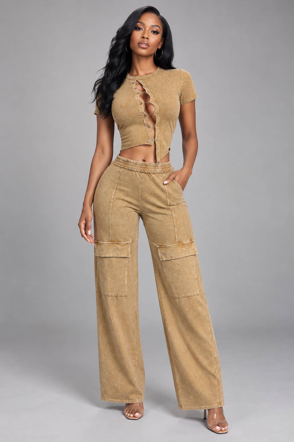 MINERAL WASH SAFETY PIN ASYM CUT TOP & PANT SET