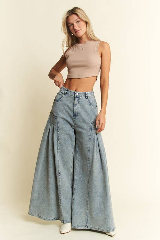 PLUS SIZE DENIM WIDE LEG FLARED PANTS