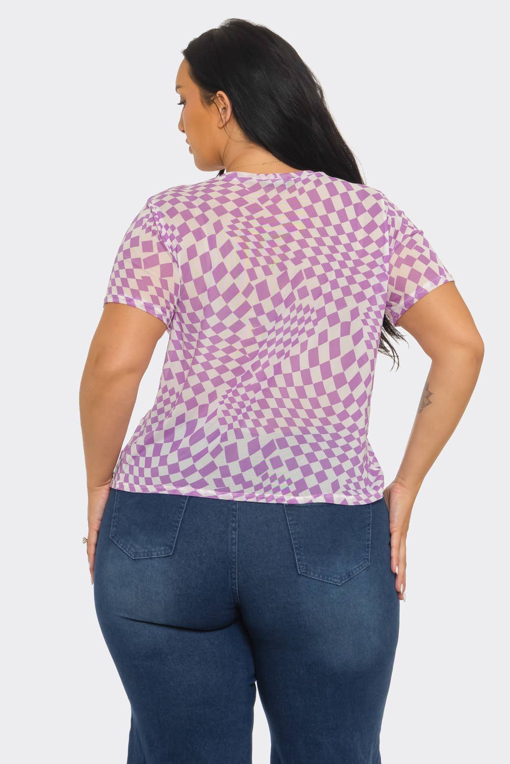 Plus Size Mesh See Through Checker Print Top