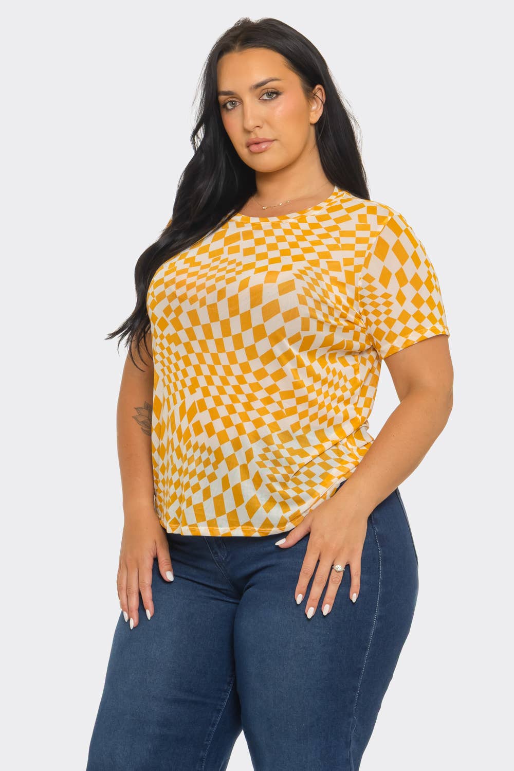 Plus Size Mesh See Through Checker Print Top