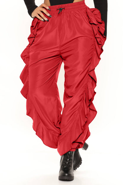 DRAWSTRING WAIST RUFFLE SIDE CARGO PANTS