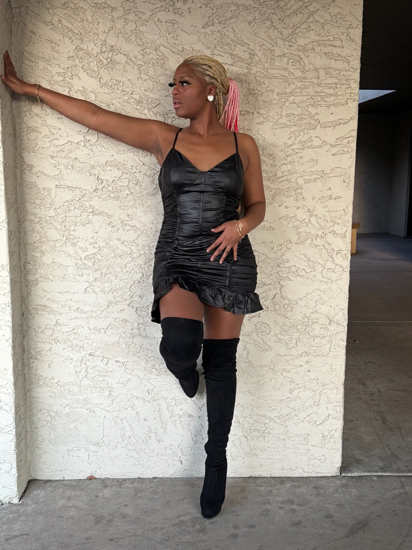 FAUX LEATHER  RUCHED MINI DRESS