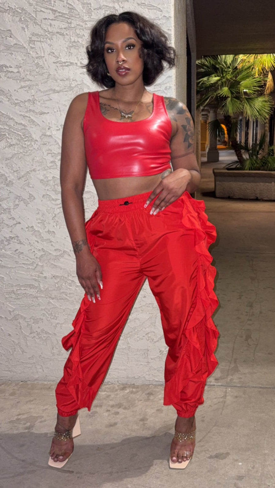 DRAWSTRING WAIST RUFFLE SIDE CARGO PANTS