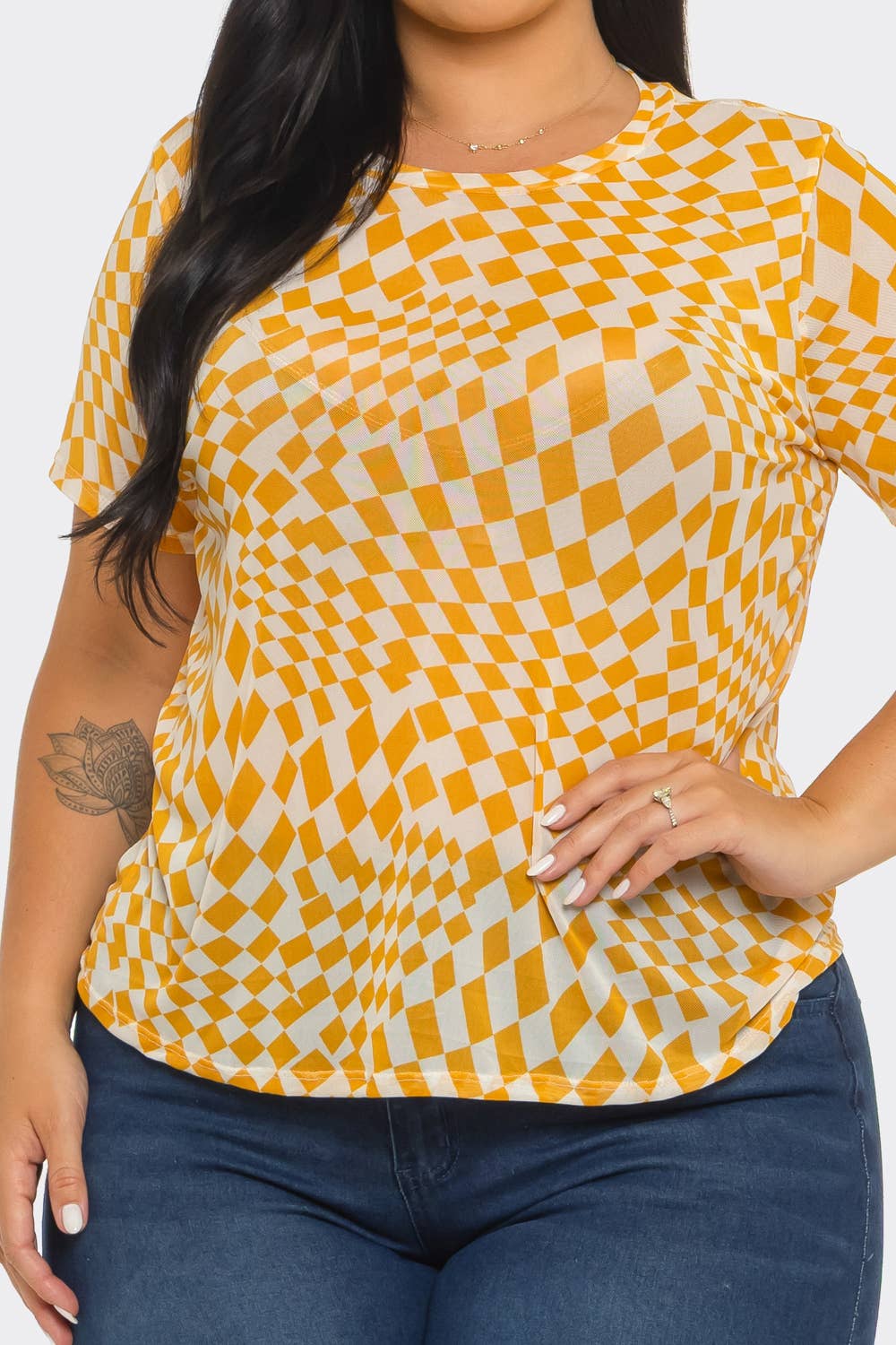Plus Size Mesh See Through Checker Print Top
