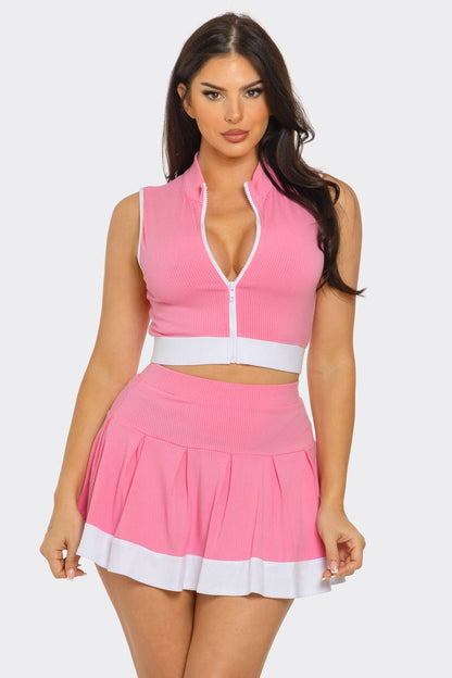 Front Zipper Crop Top And Pleated Mini Skirt Set