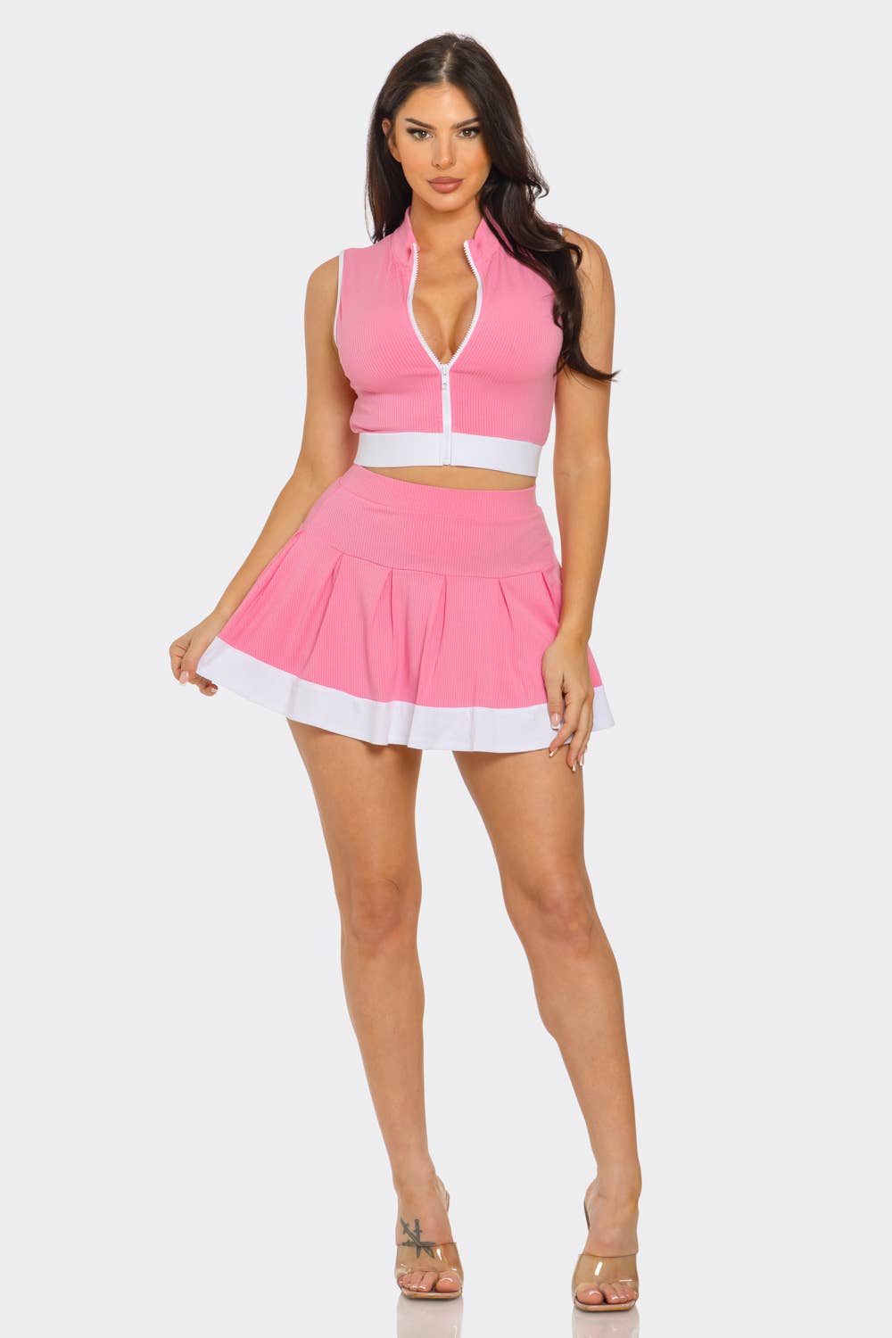 Front Zipper Crop Top And Pleated Mini Skirt Set
