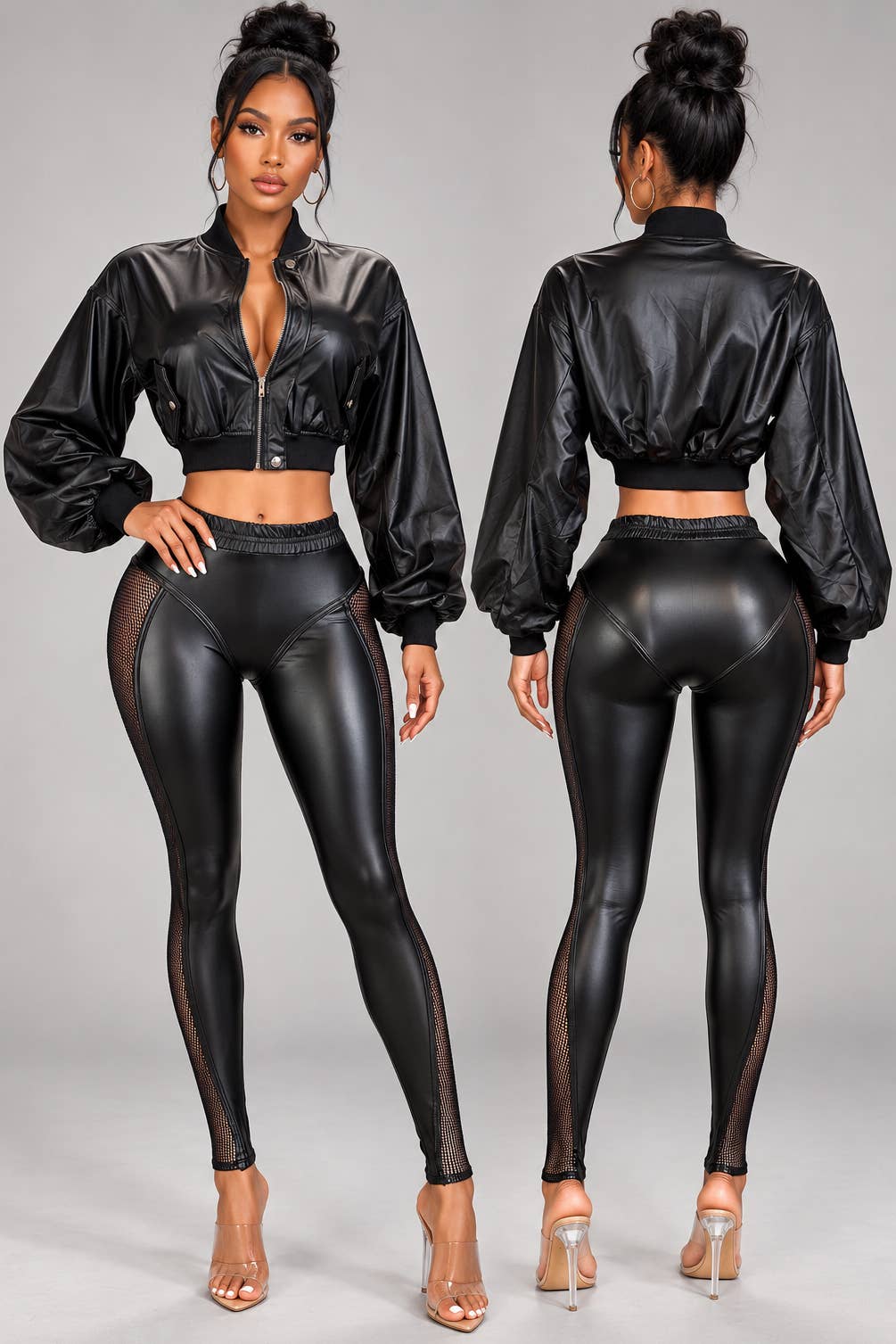 PLEATHER ZIP UP CROPPED JACKET