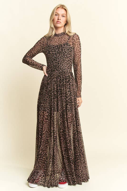 PLUS SIZE LONG SLEEVE MOCK NECK ANIMAL PRINT MESH MAXI DRESS