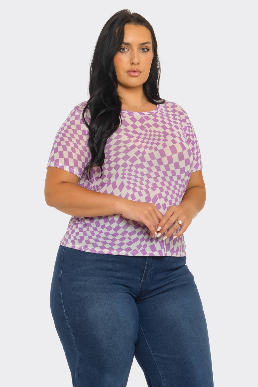 Plus Size Mesh See Through Checker Print Top