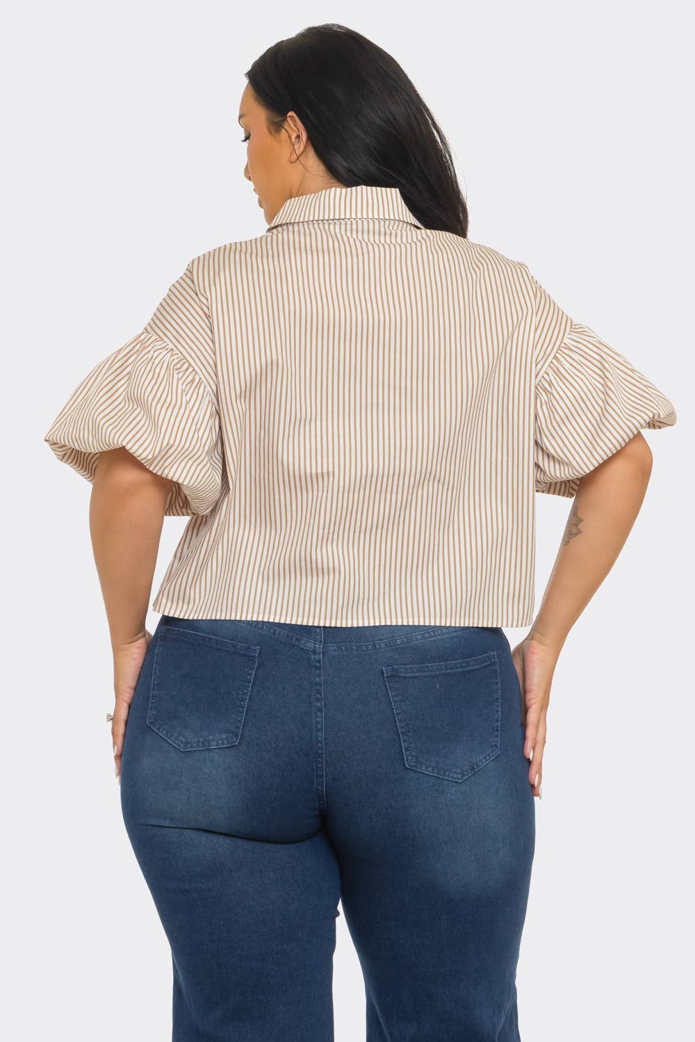 Plus Size Stripe Button Down Bubble Sleeve Shirts Crop Top