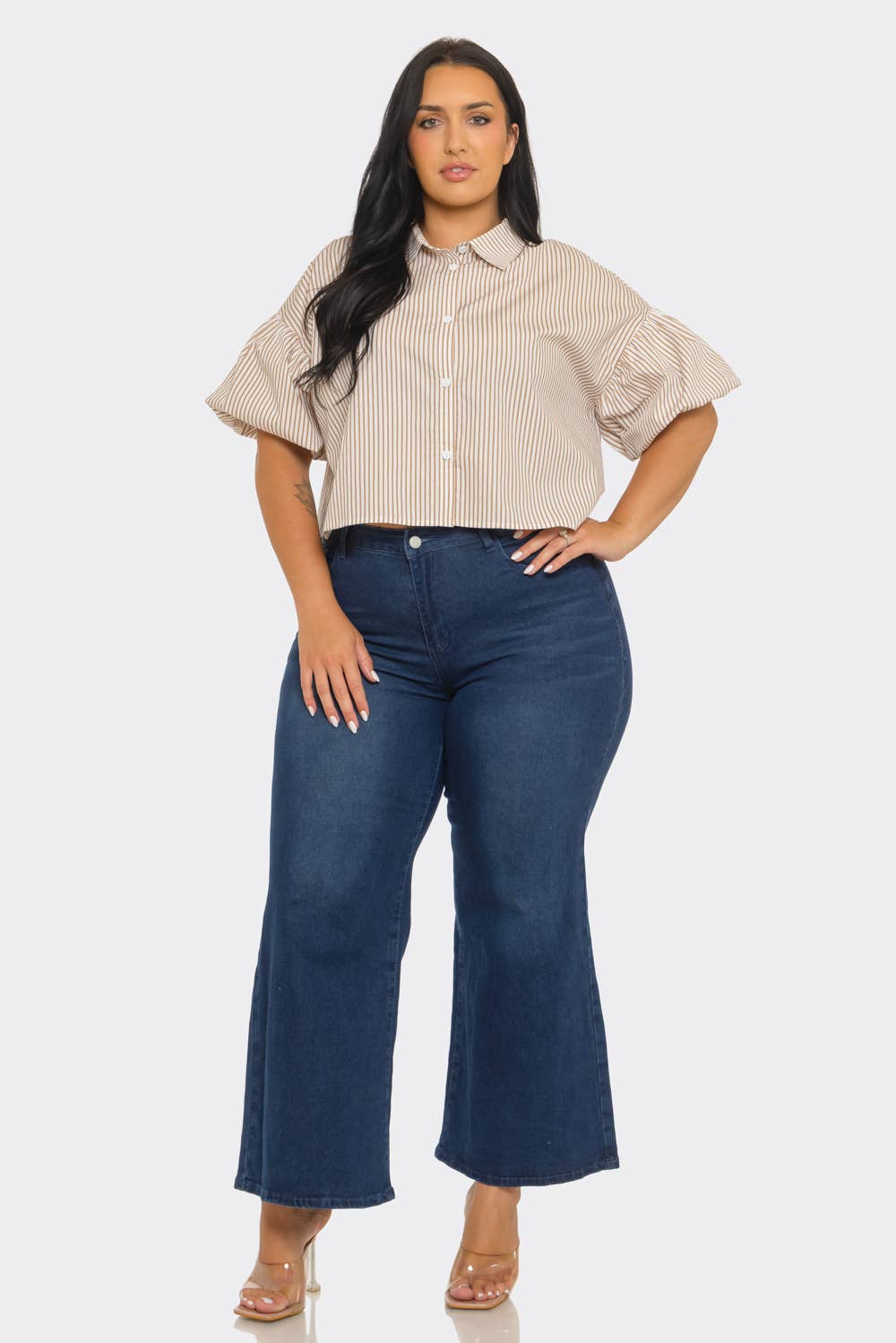Plus Size Stripe Button Down Bubble Sleeve Shirts Crop Top