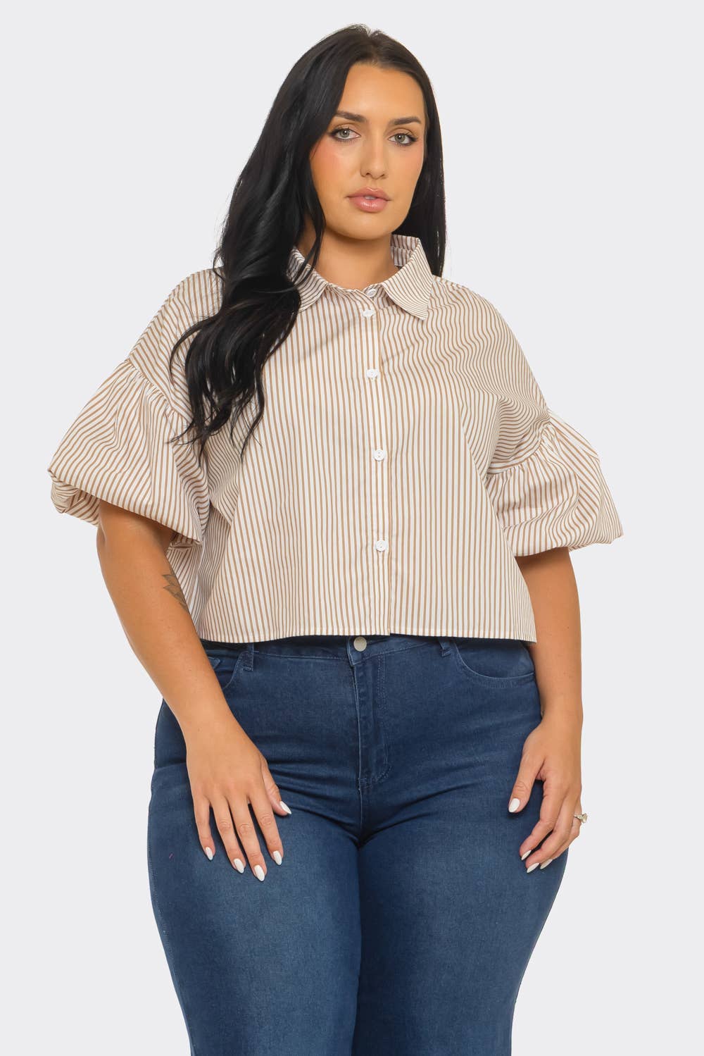 Plus Size Stripe Button Down Bubble Sleeve Shirts Crop Top