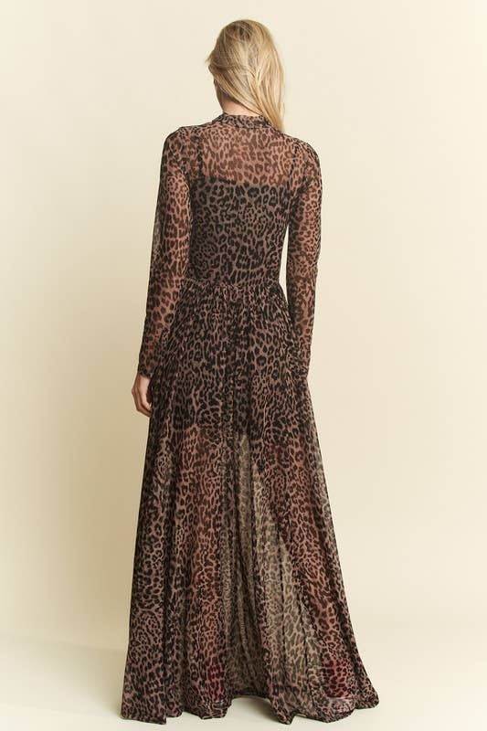 PLUS SIZE LONG SLEEVE MOCK NECK ANIMAL PRINT MESH MAXI DRESS