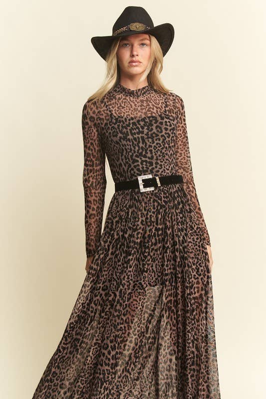 PLUS SIZE LONG SLEEVE MOCK NECK ANIMAL PRINT MESH MAXI DRESS