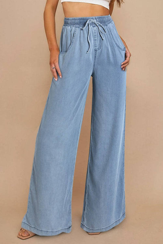 Blue Drawstring Waist Wide Leg Tencel Denim Pants