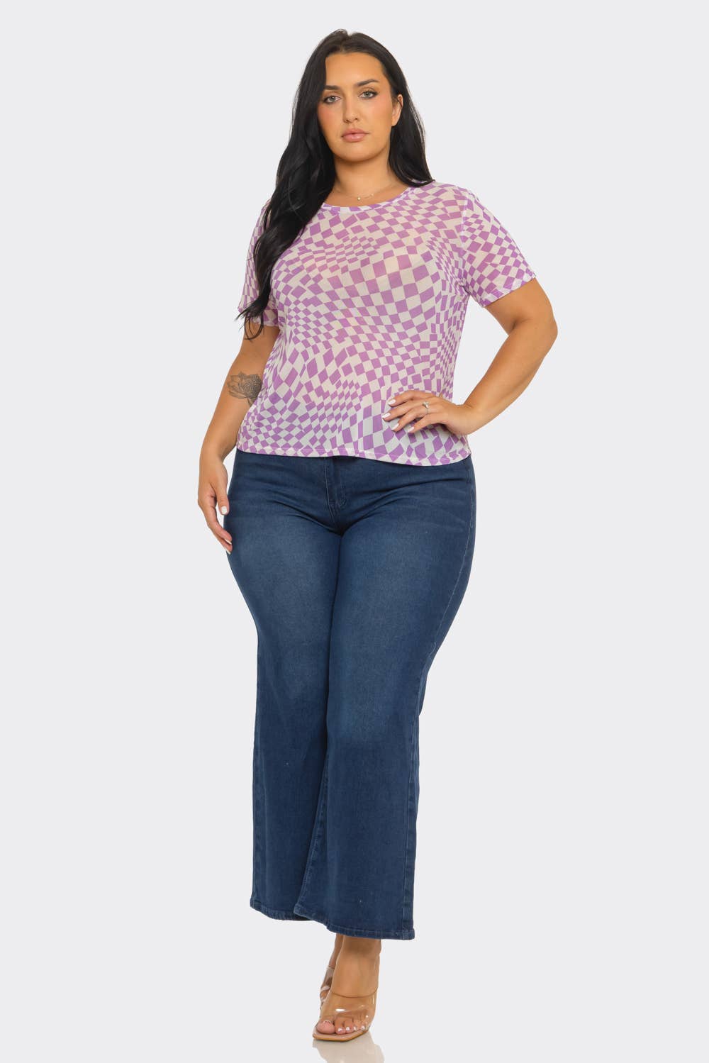 Plus Size Mesh See Through Checker Print Top