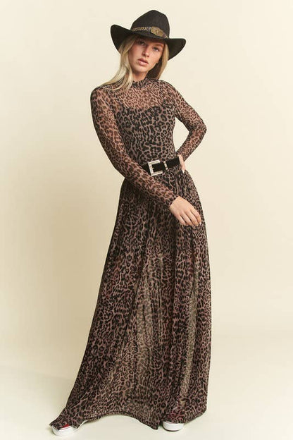 PLUS SIZE LONG SLEEVE MOCK NECK ANIMAL PRINT MESH MAXI DRESS