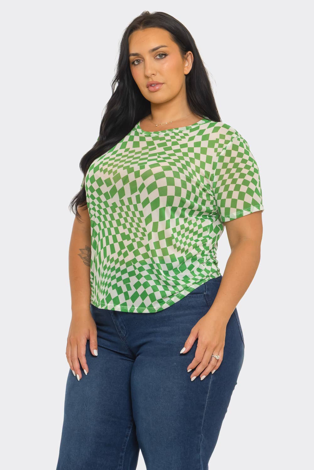 Plus Size Mesh See Through Checker Print Top