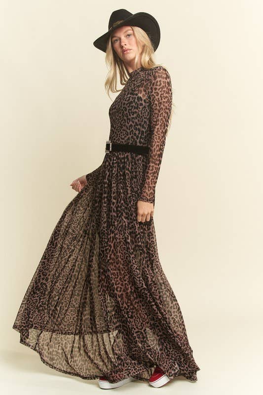 PLUS SIZE LONG SLEEVE MOCK NECK ANIMAL PRINT MESH MAXI DRESS