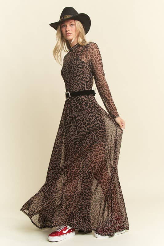 PLUS SIZE LONG SLEEVE MOCK NECK ANIMAL PRINT MESH MAXI DRESS