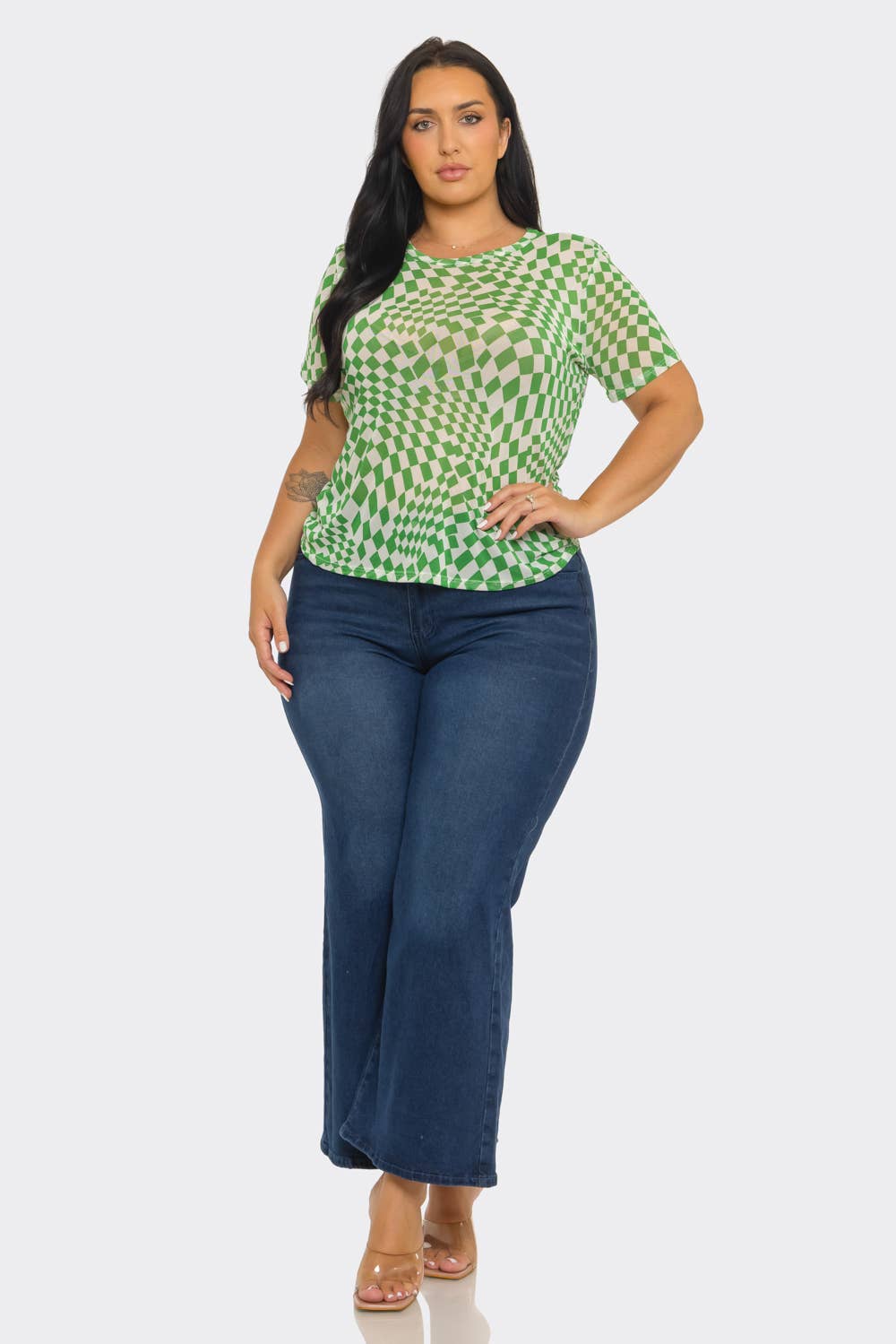 Plus Size Mesh See Through Checker Print Top