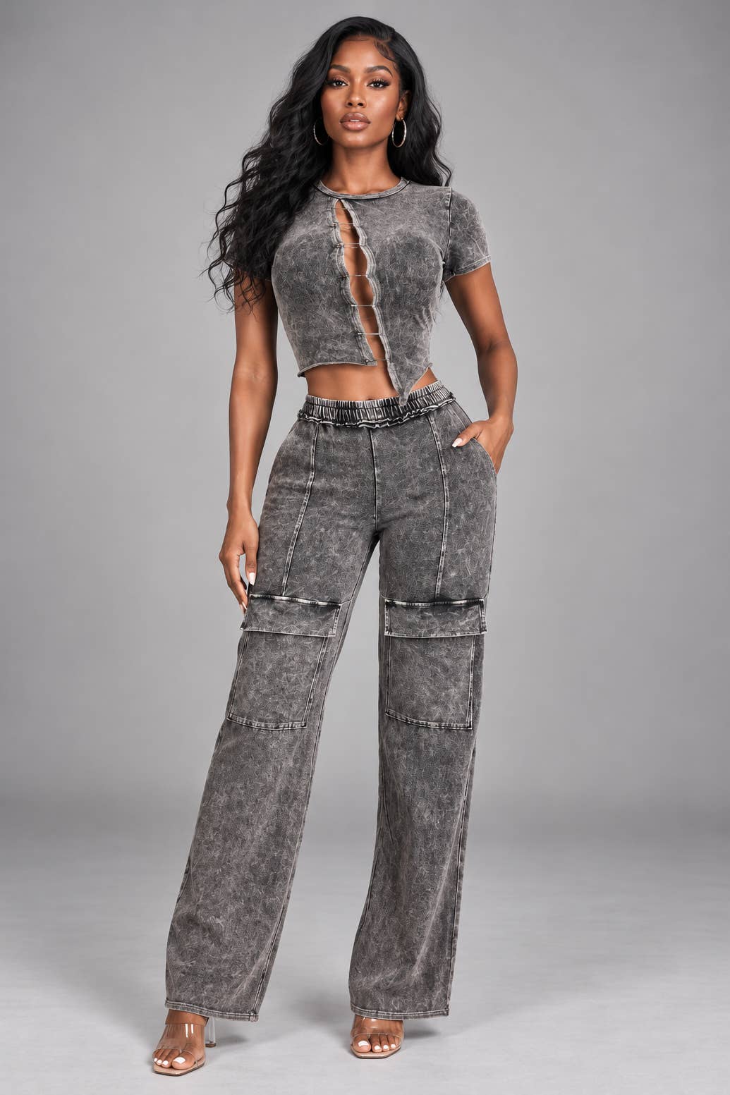 MINERAL WASH SAFETY PIN ASYM CUT TOP & PANT SET