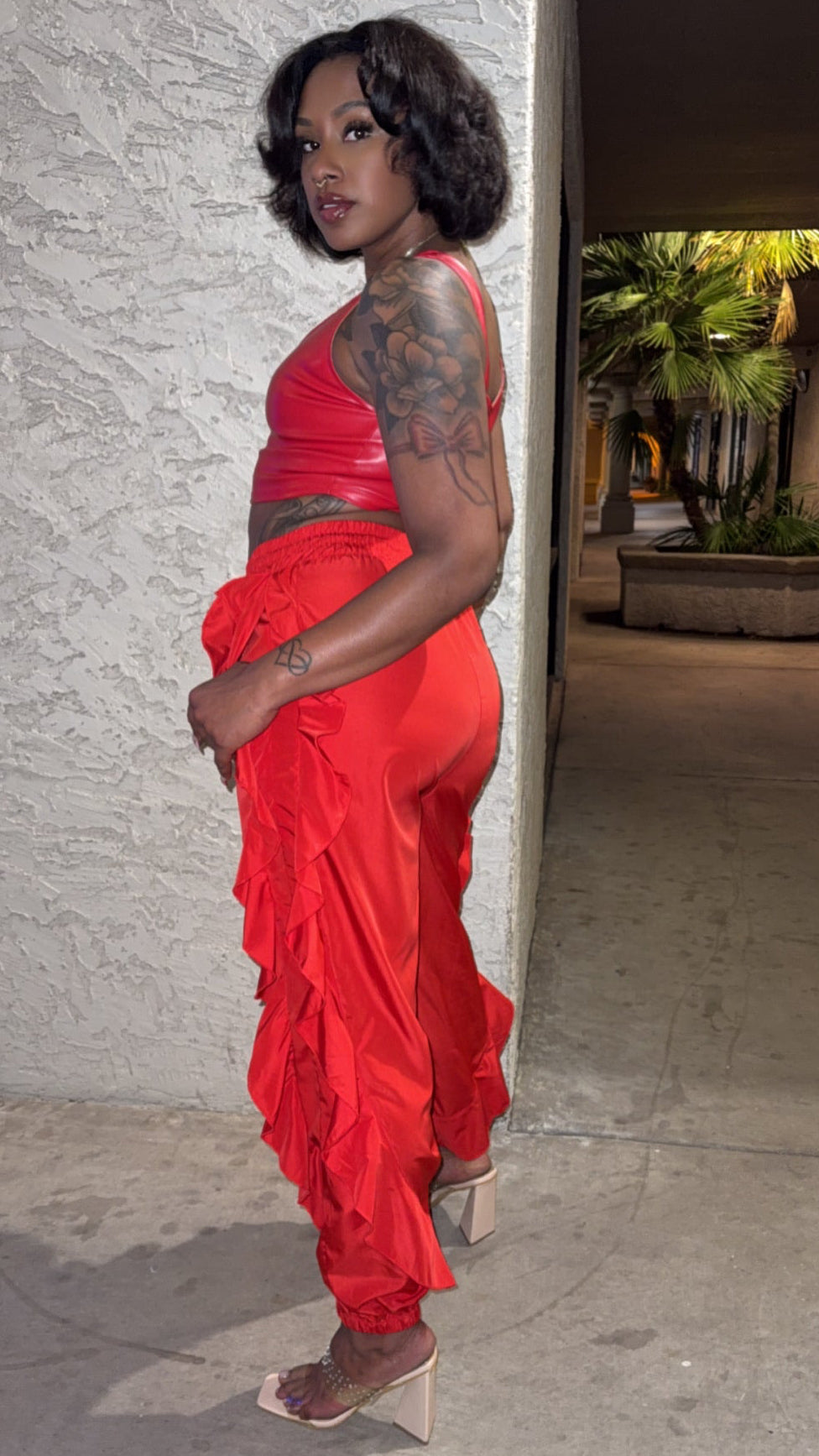 DRAWSTRING WAIST RUFFLE SIDE CARGO PANTS