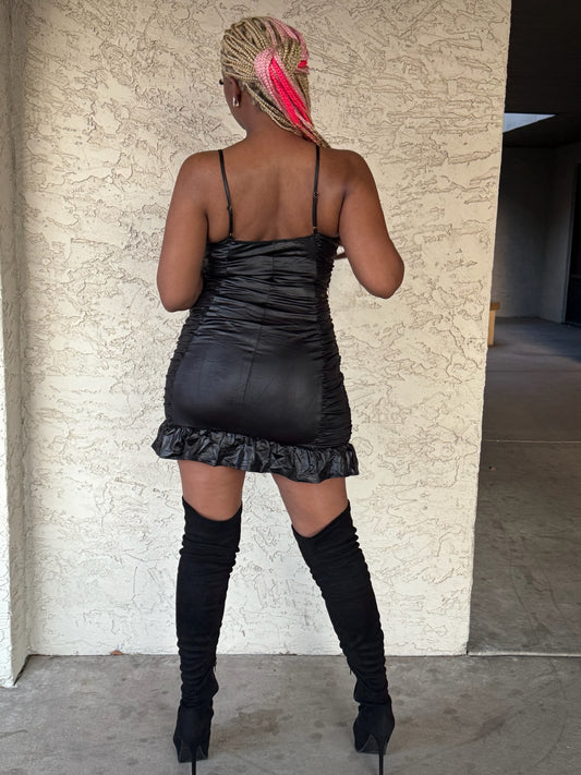 FAUX LEATHER  RUCHED MINI DRESS