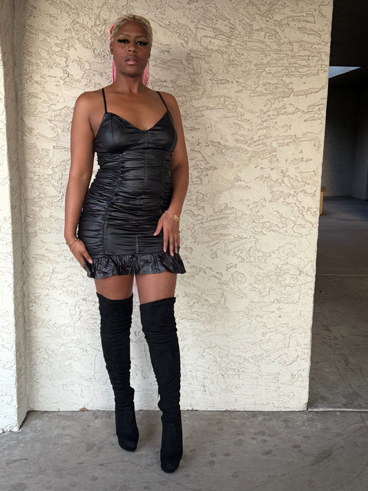 FAUX LEATHER  RUCHED MINI DRESS