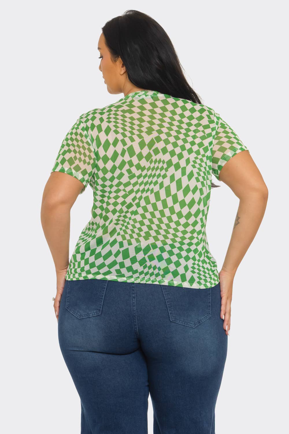 Plus Size Mesh See Through Checker Print Top