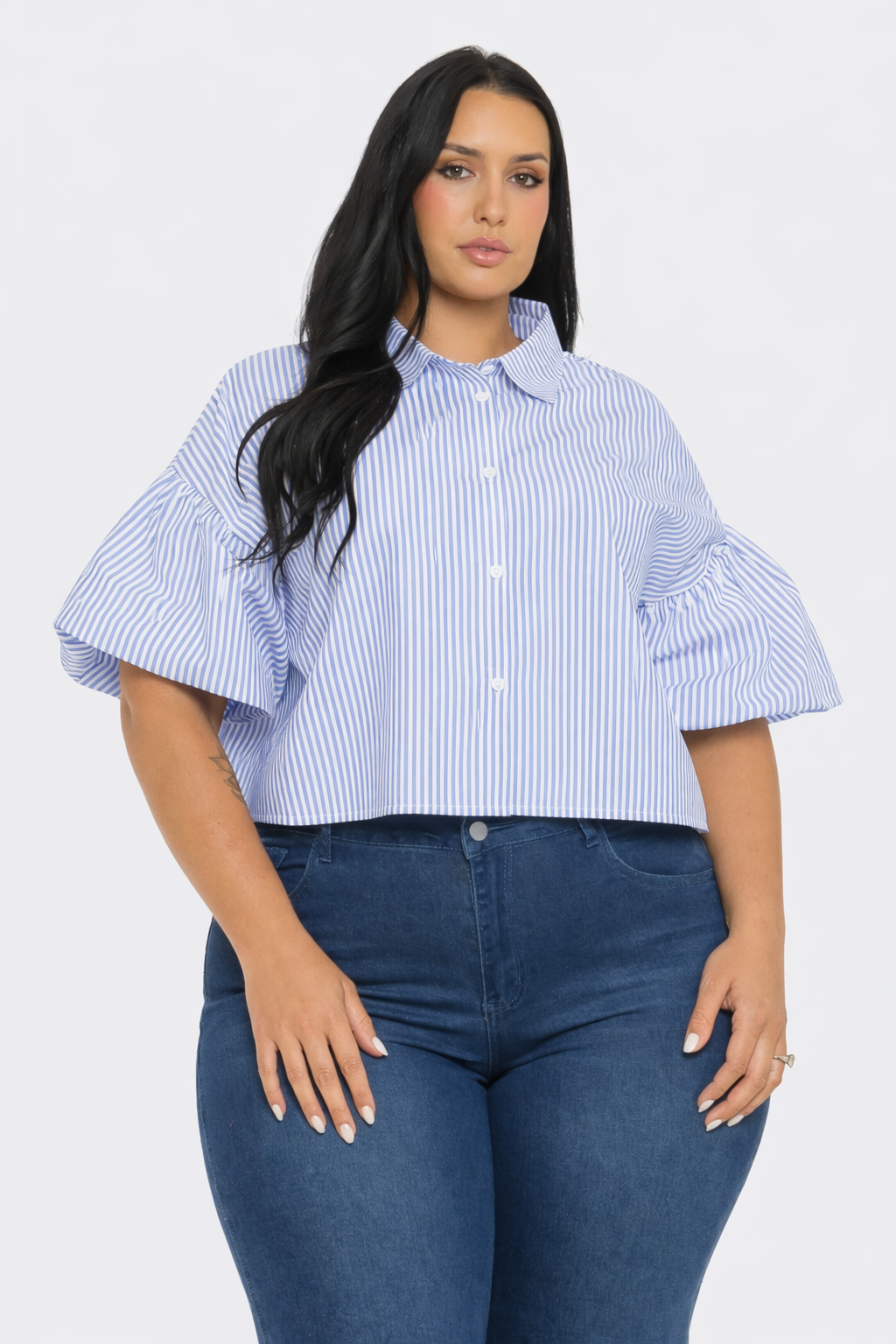 Plus Size Stripe Button Down Bubble Sleeve Shirts Crop Top