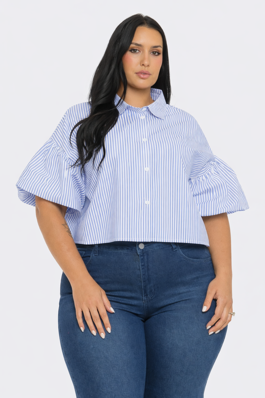 Plus Size Stripe Button Down Bubble Sleeve Shirts Crop Top