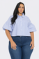 Plus Size Stripe Button Down Bubble Sleeve Shirts Crop Top
